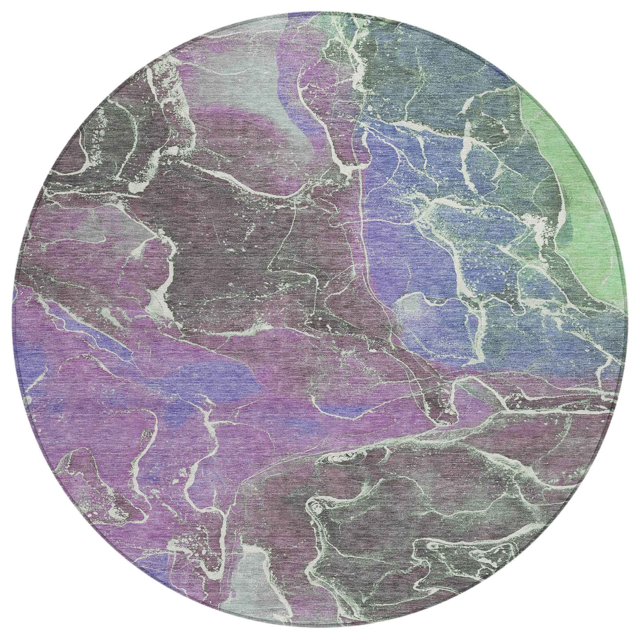 8' Purple Gray And Mint Green Round Abstract Washable Indoor Outdoor Area Rug