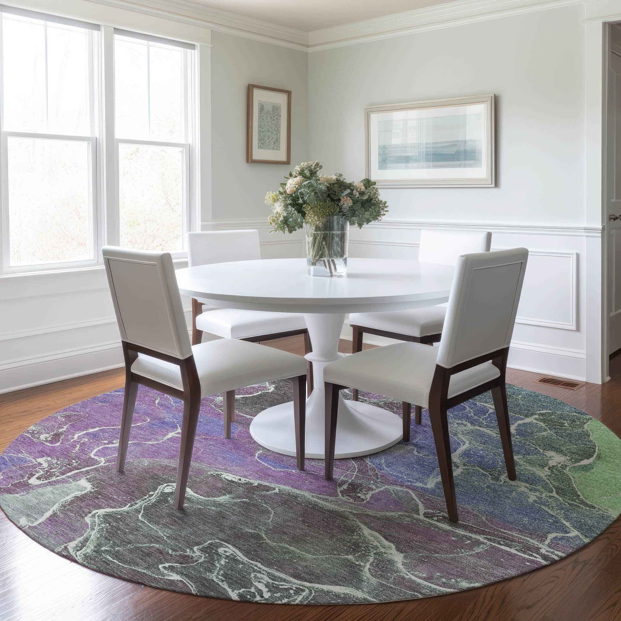8' Purple Gray And Mint Green Round Abstract Washable Indoor Outdoor Area Rug