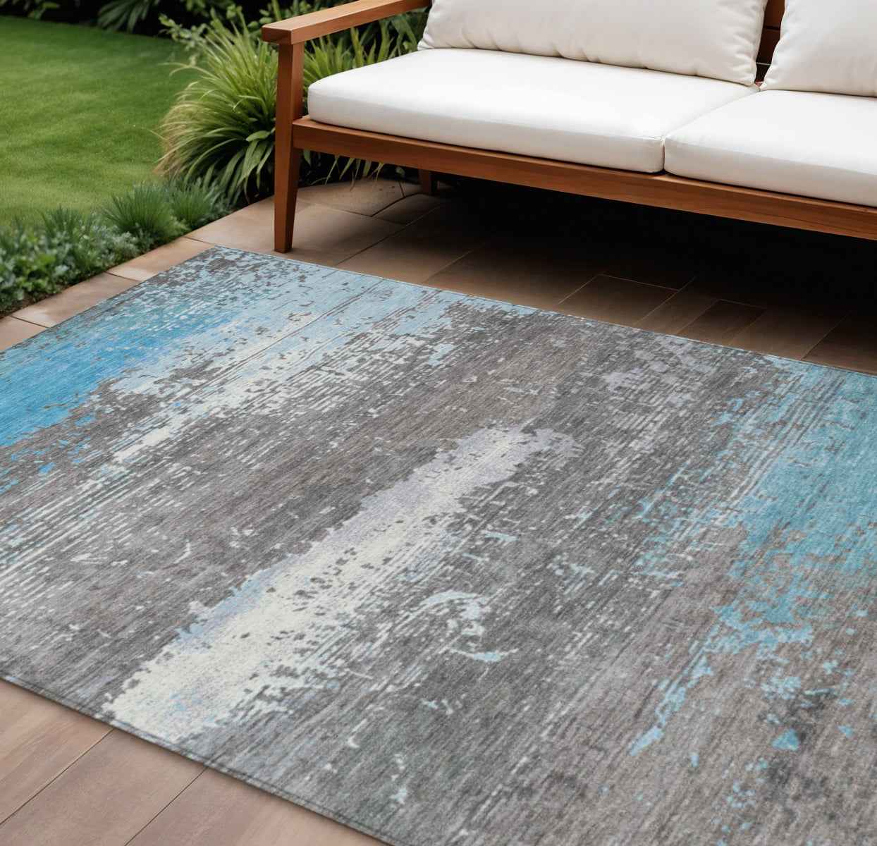 8' X 10' Teal Blue Gray And Silver Abstract Washable Indoor Outdoor Area Rug