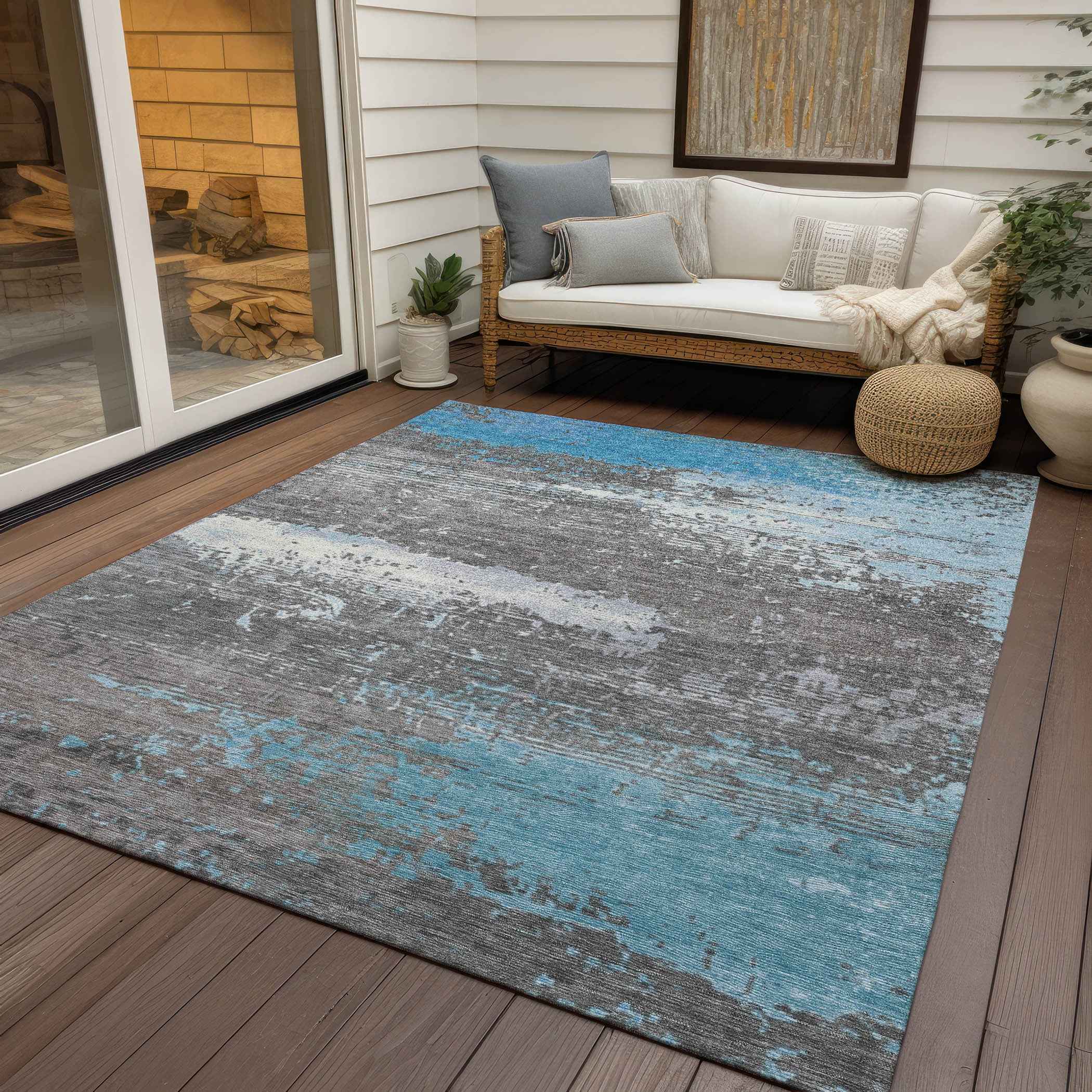 8' X 10' Teal Blue Gray And Silver Abstract Washable Indoor Outdoor Area Rug