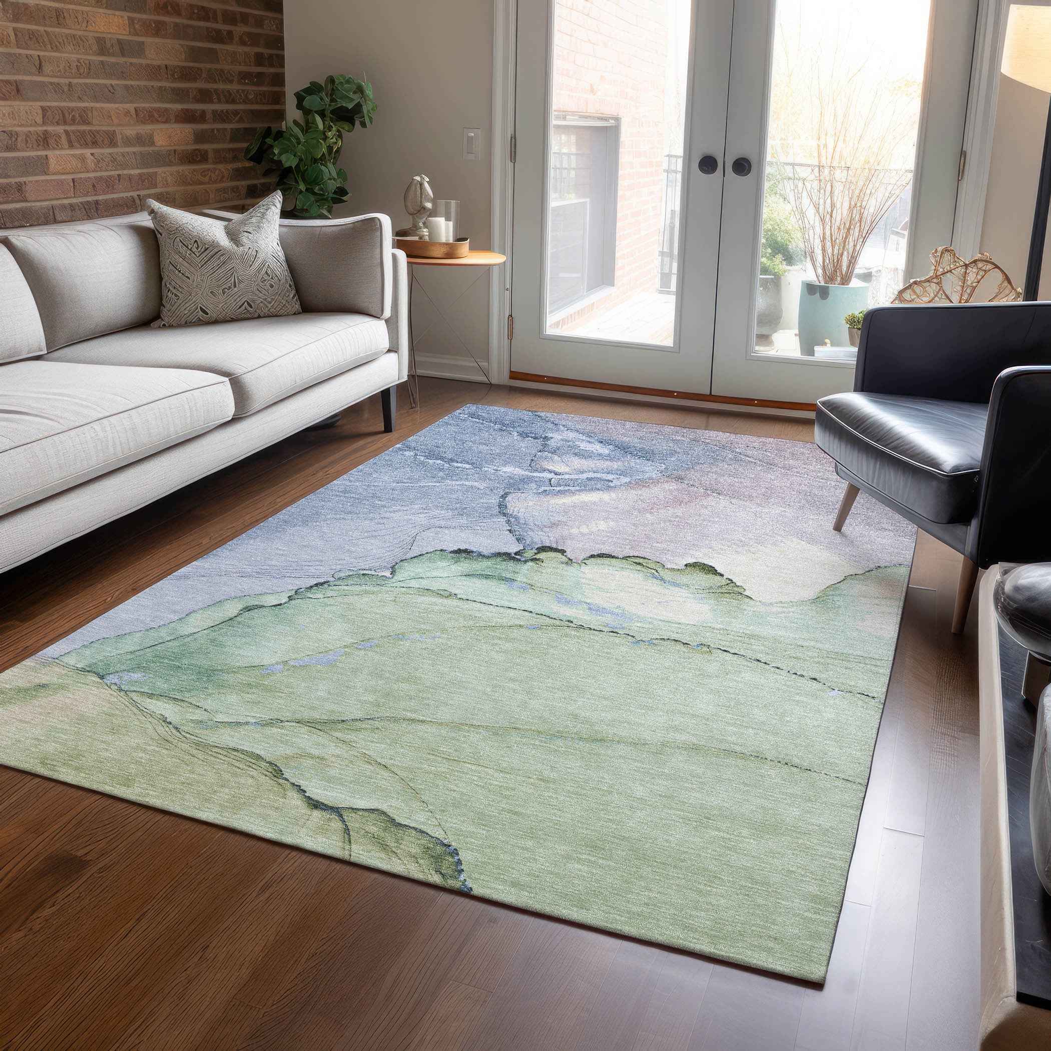 9' X 12' Artichoke Green And Lavender Abstract Washable Indoor Outdoor Area Rug