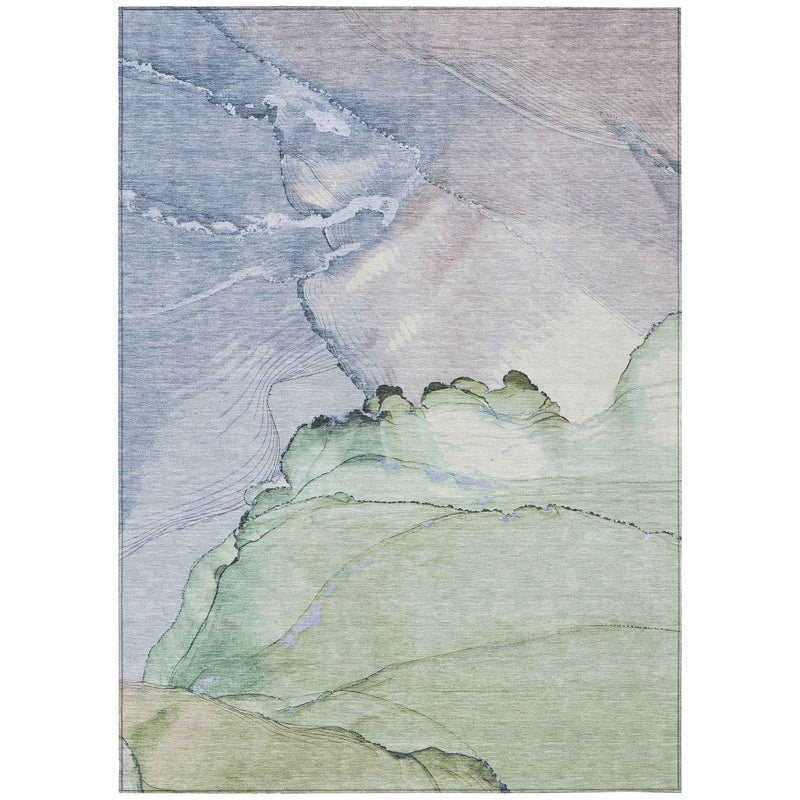 9' X 12' Artichoke Green And Lavender Abstract Washable Indoor Outdoor Area Rug