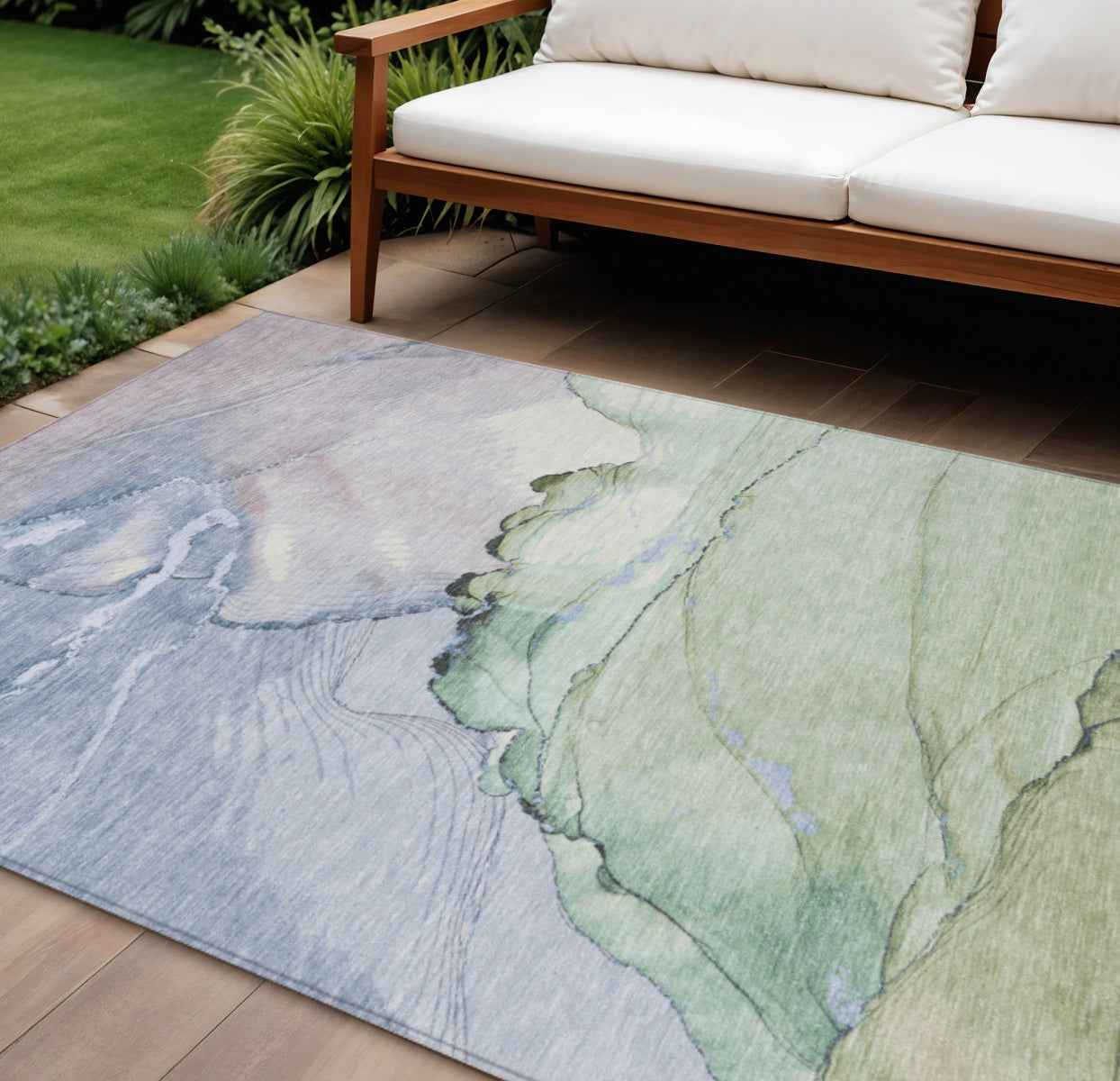 9' X 12' Artichoke Green And Lavender Abstract Washable Indoor Outdoor Area Rug