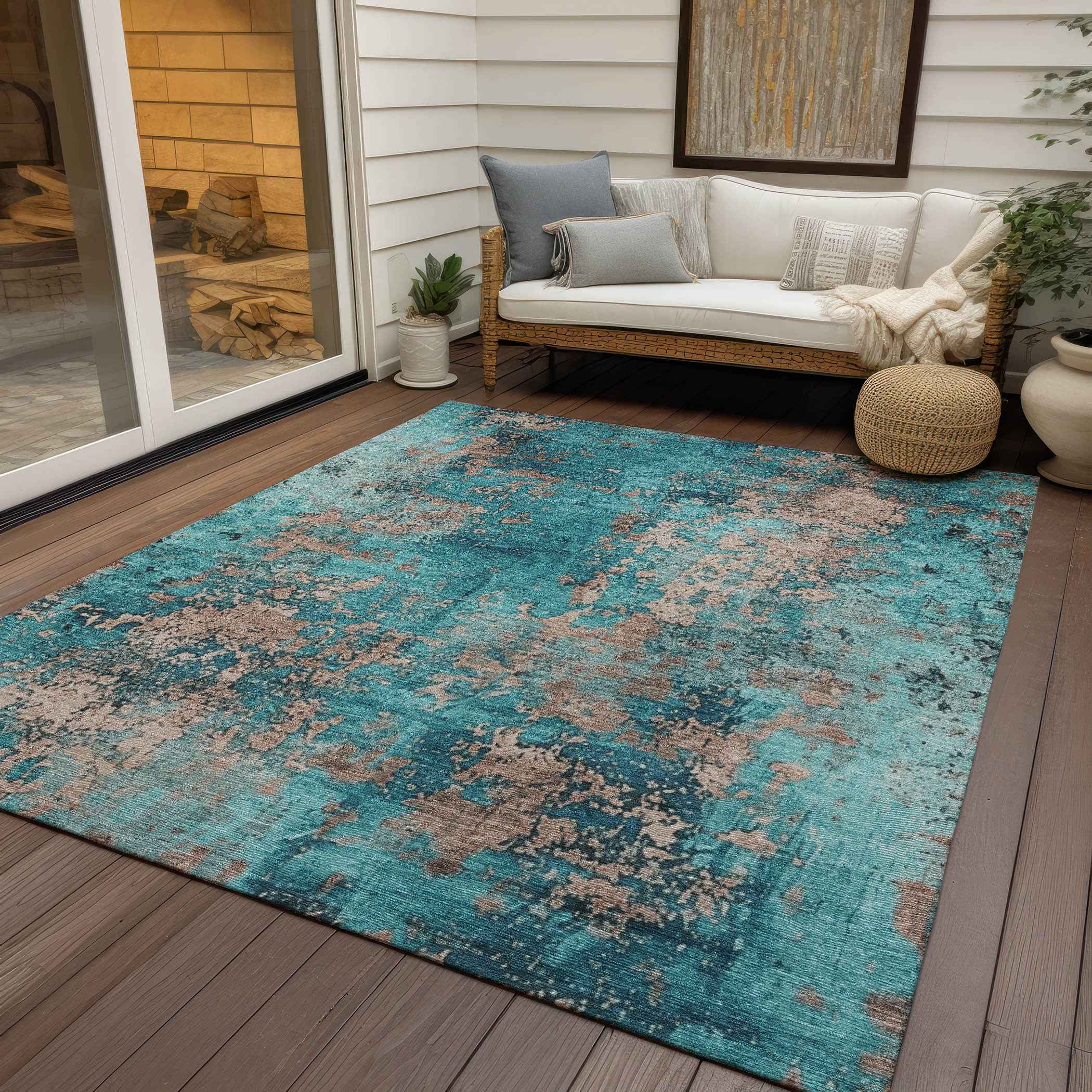 5' X 8' Teal Blue And Beige Abstract Washable Indoor Outdoor Area Rug