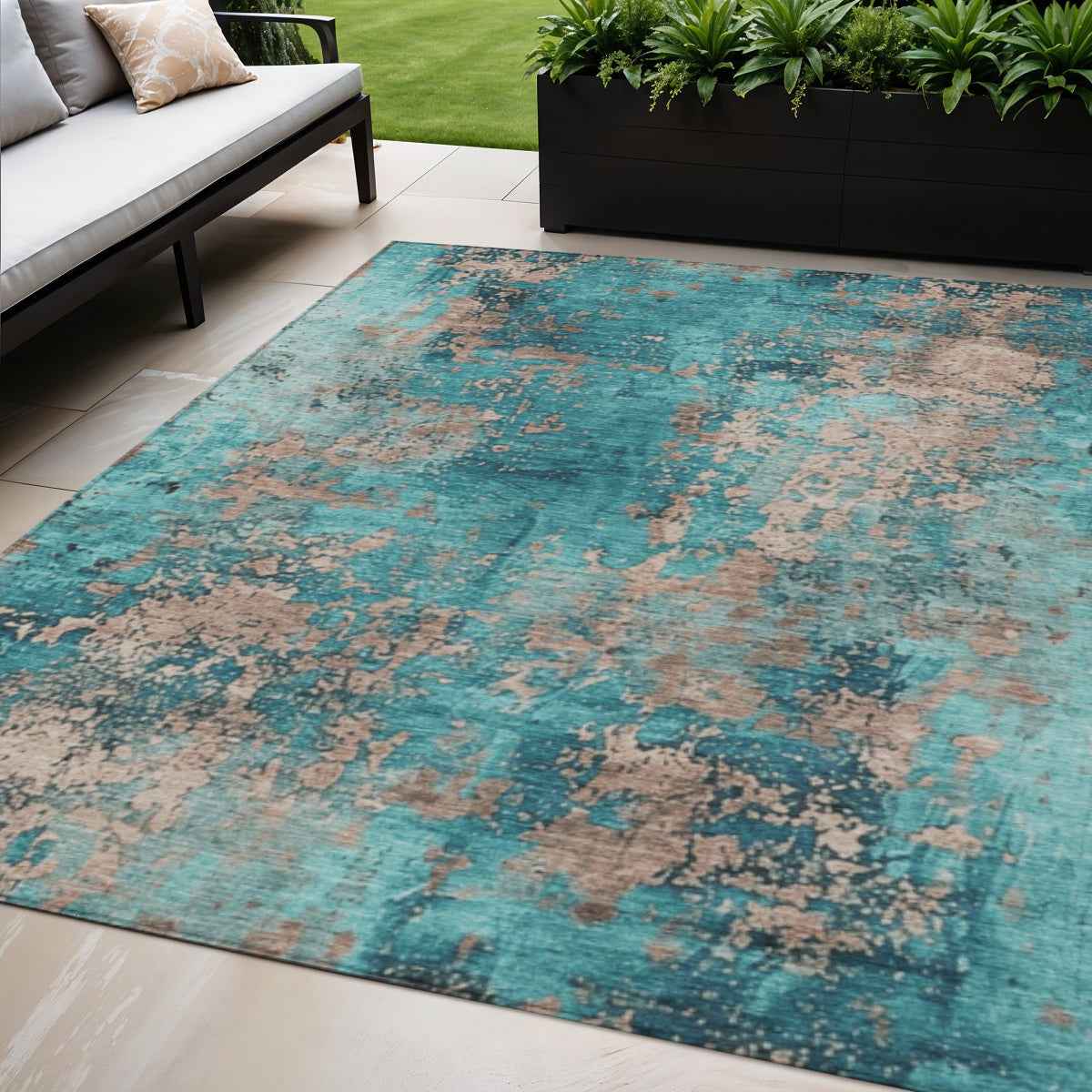5' X 8' Teal Blue And Beige Abstract Washable Indoor Outdoor Area Rug