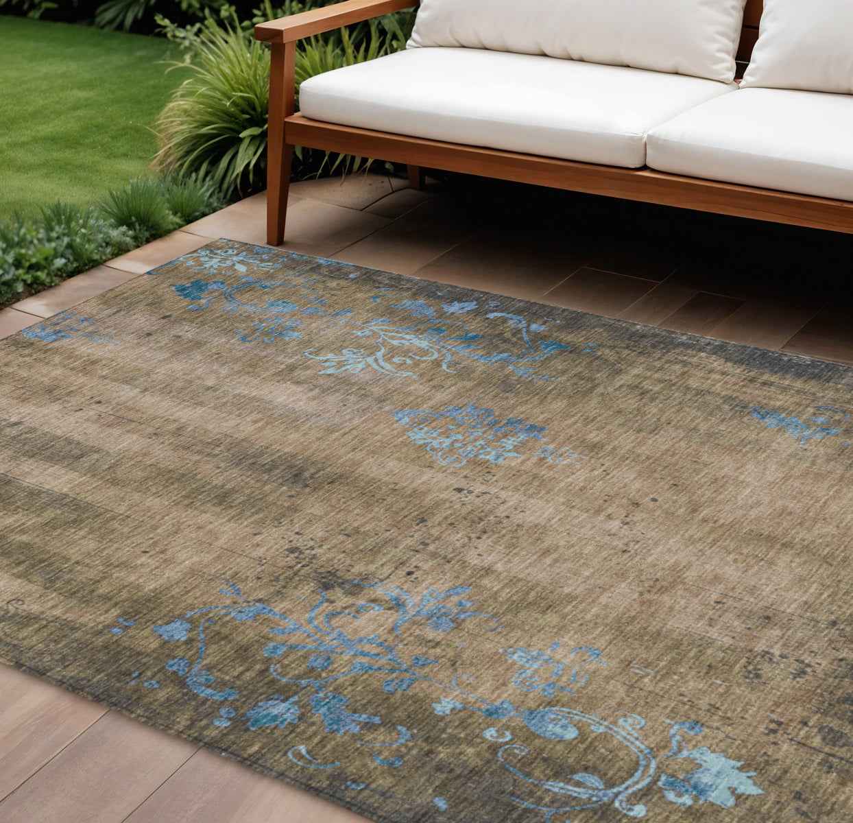 10' X 14' Taupe And Blue Floral Washable Indoor Outdoor Area Rug