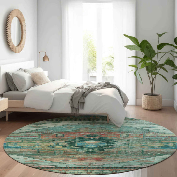 8' Teal Blue Copper And Gold Round Tribal Washable Indoor Outdoor Area Rug