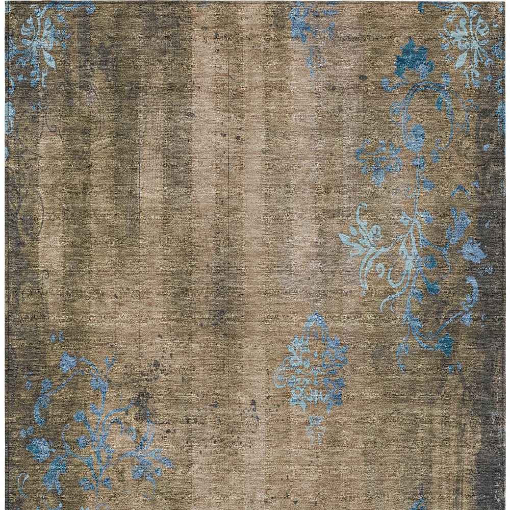 10' X 14' Taupe And Blue Floral Washable Indoor Outdoor Area Rug