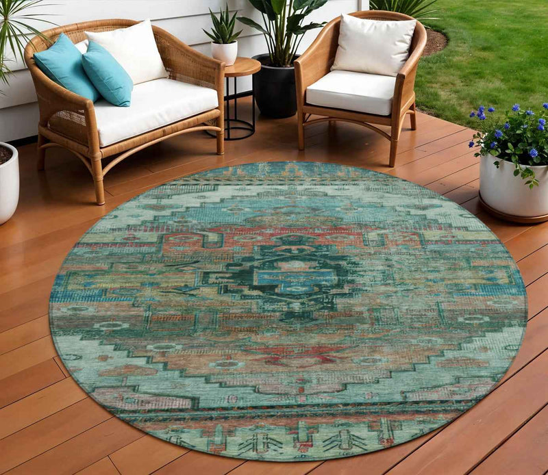8' Teal Blue Copper And Gold Round Tribal Washable Indoor Outdoor Area Rug