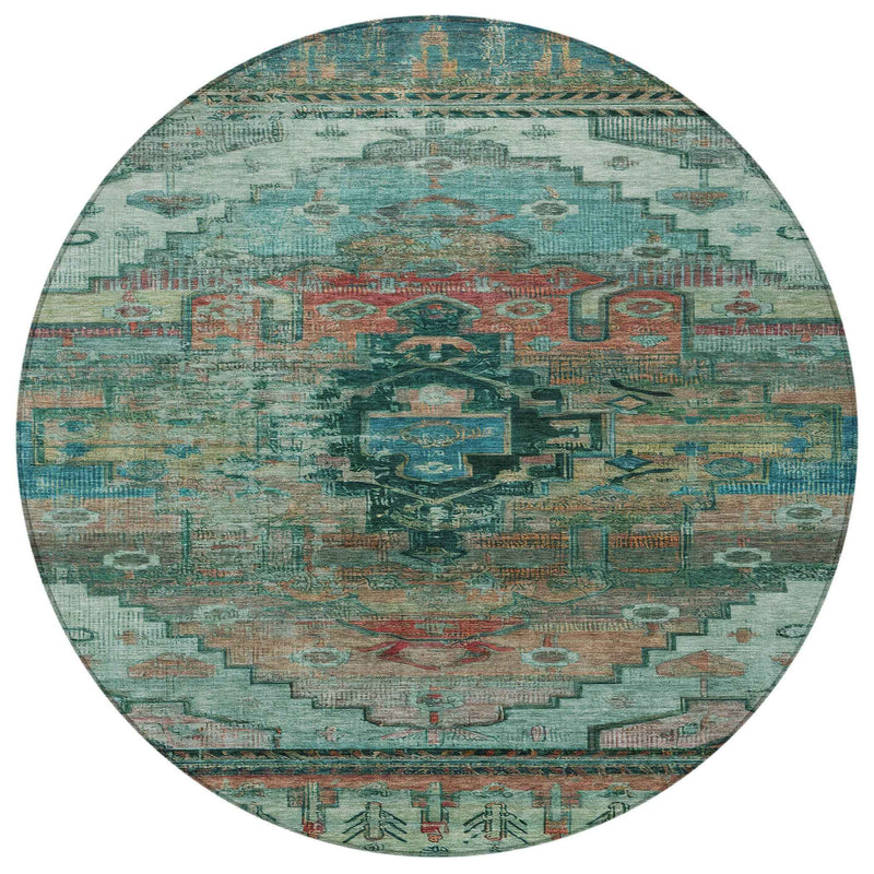 8' Teal Blue Copper And Gold Round Tribal Washable Indoor Outdoor Area Rug