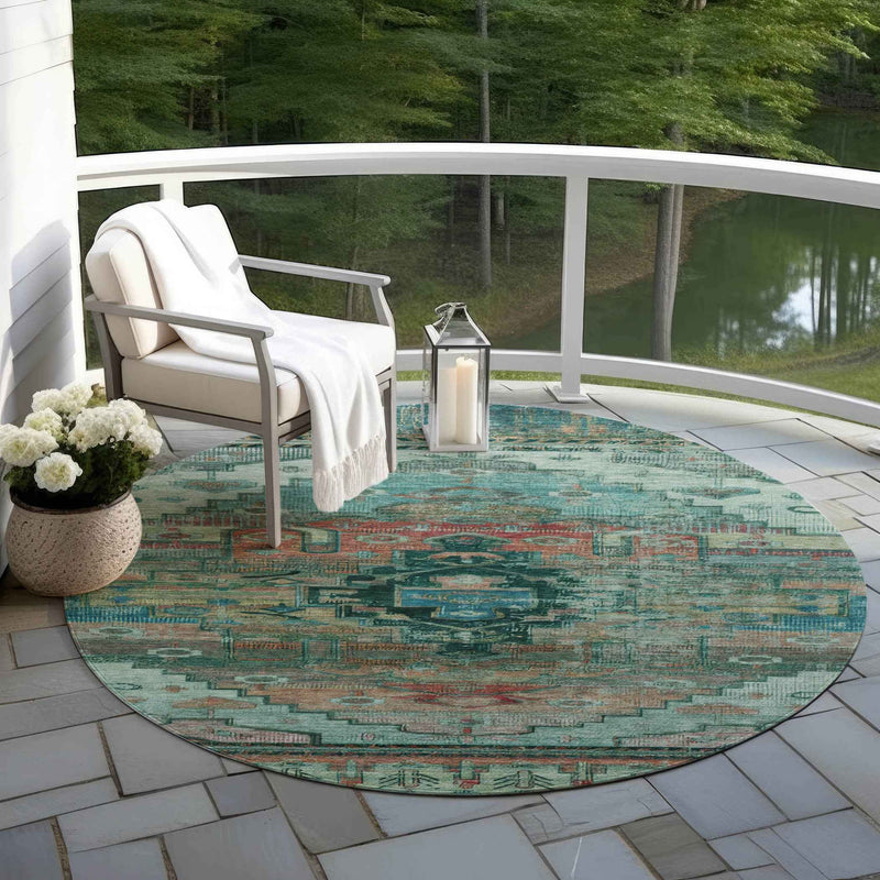 8' Teal Blue Copper And Gold Round Tribal Washable Indoor Outdoor Area Rug