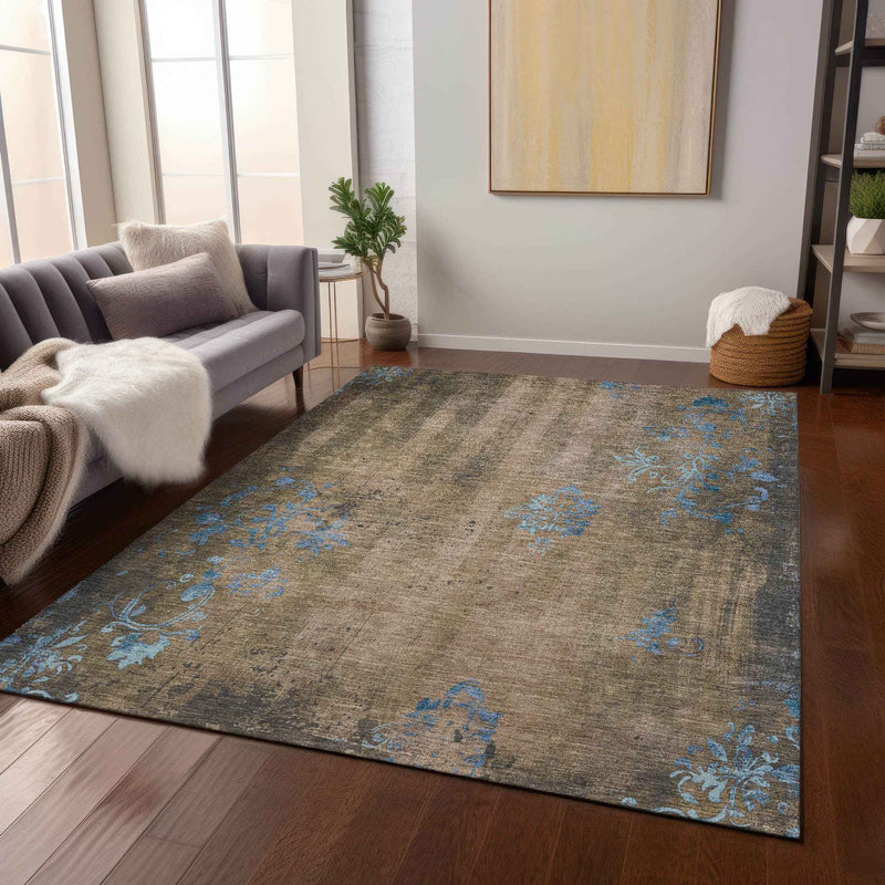 10' X 14' Taupe And Blue Floral Washable Indoor Outdoor Area Rug