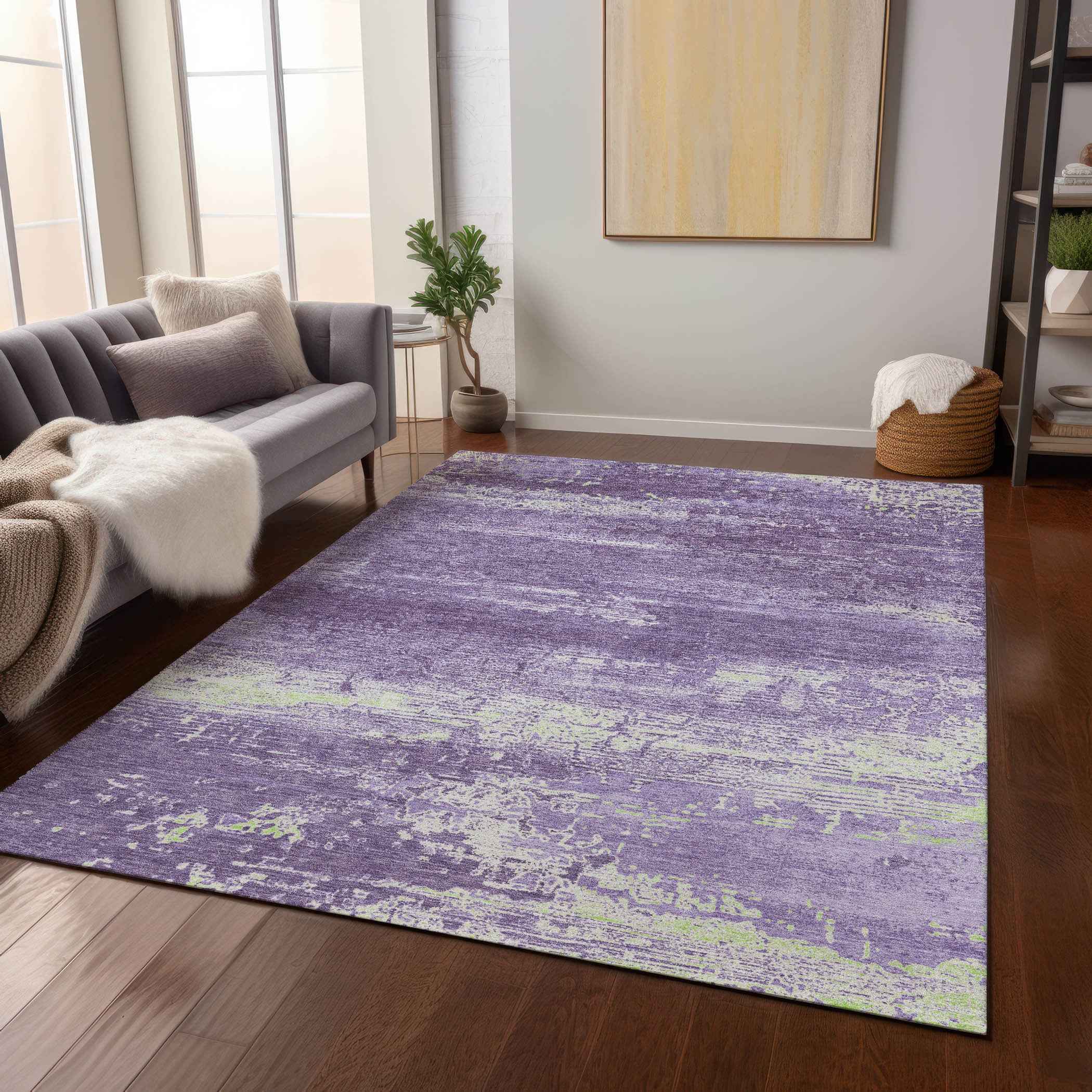 5' X 8' Purple And Ivory Abstract Washable Indoor Outdoor Area Rug