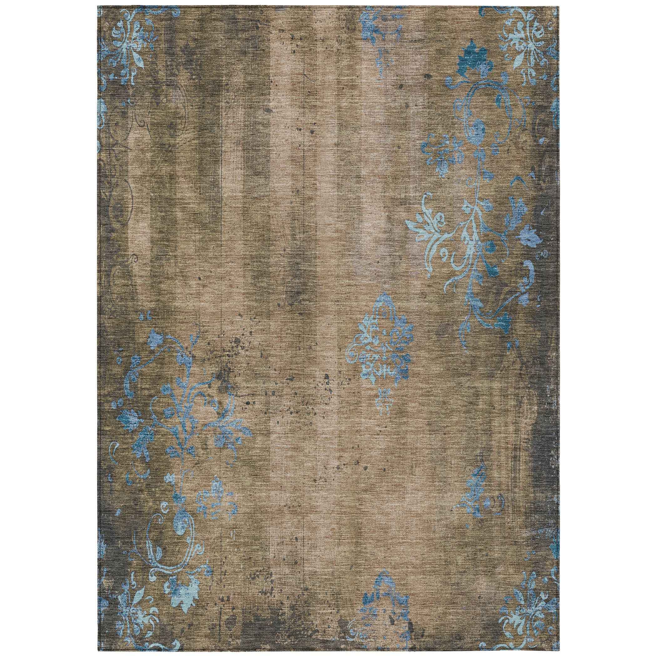10' X 14' Taupe And Blue Floral Washable Indoor Outdoor Area Rug