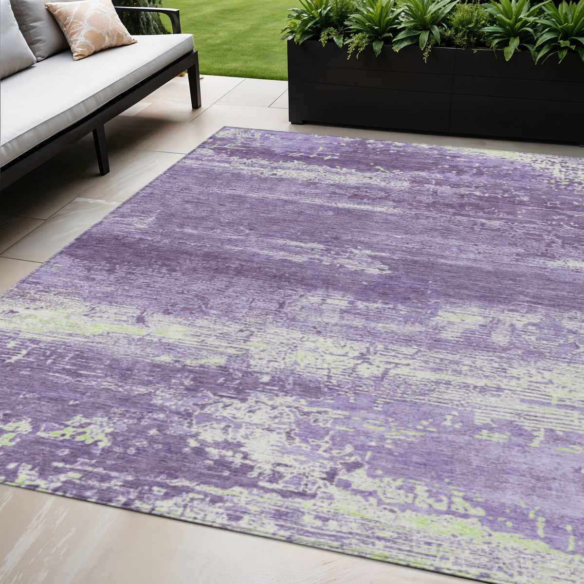 5' X 8' Purple And Ivory Abstract Washable Indoor Outdoor Area Rug
