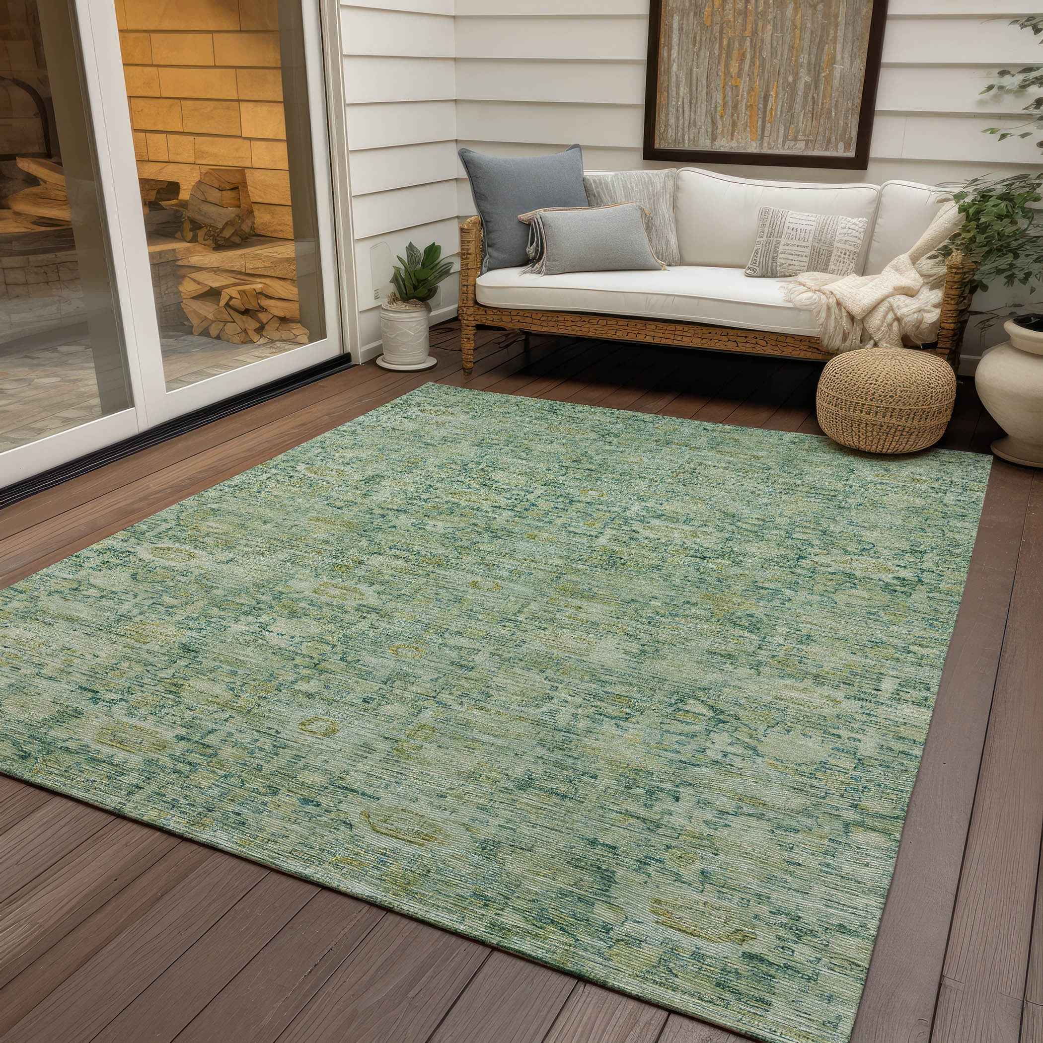 9' X 12' Artichoke Green And Teal Blue Oriental Washable Indoor Outdoor Area Rug
