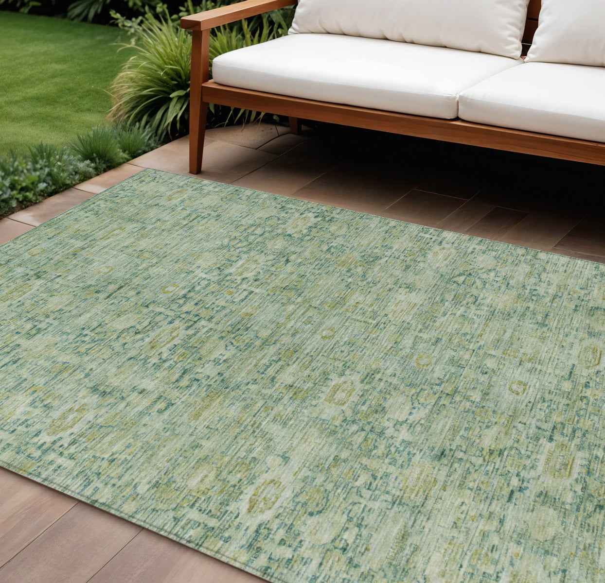 9' X 12' Artichoke Green And Teal Blue Oriental Washable Indoor Outdoor Area Rug
