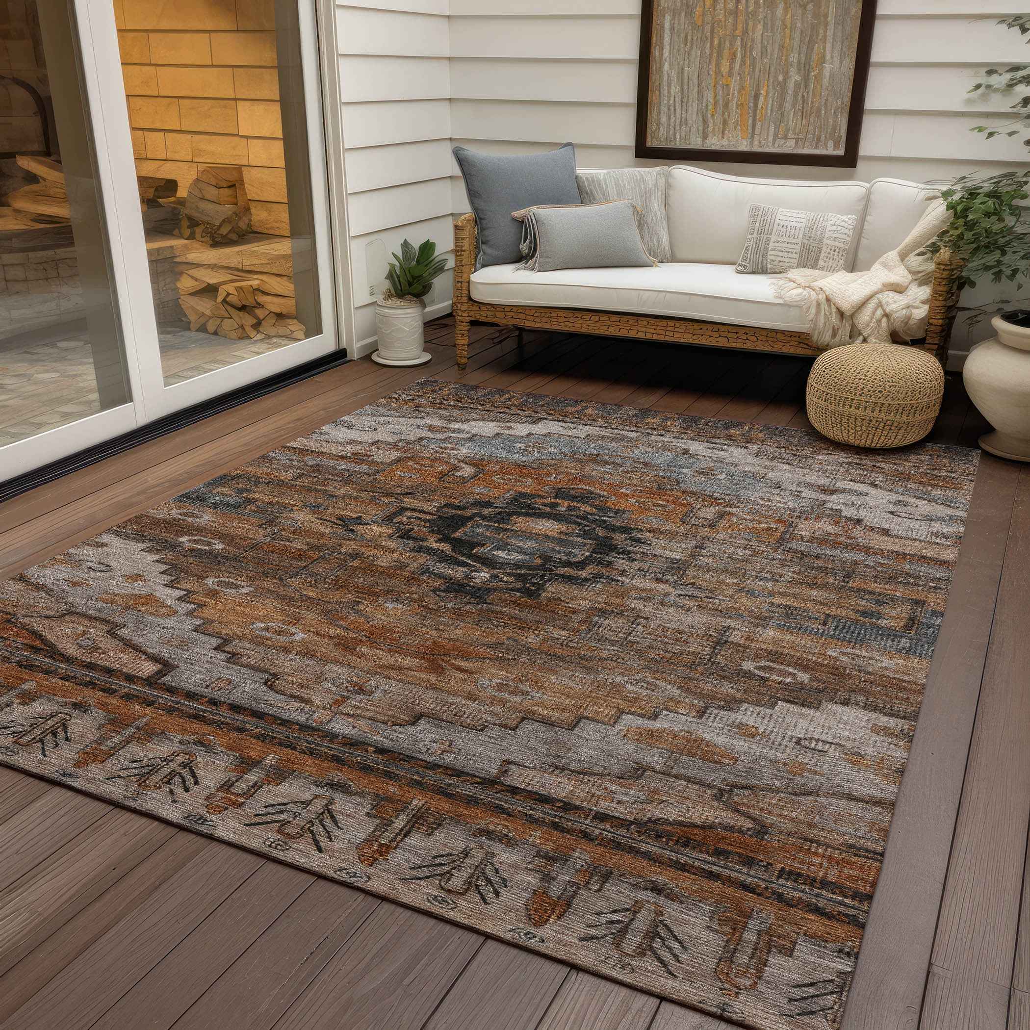 3' X 5' Terra Cotta Rust And Gray Tribal Washable Indoor Outdoor Area Rug