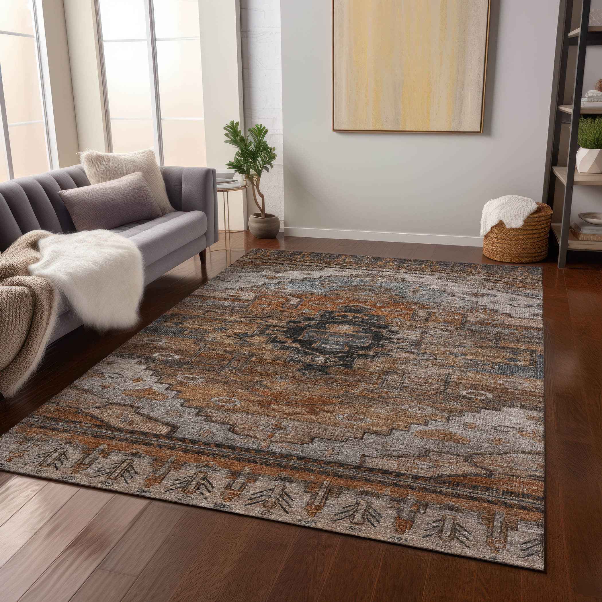 3' X 5' Terra Cotta Rust And Gray Tribal Washable Indoor Outdoor Area Rug