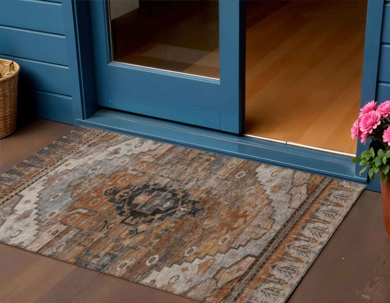 3' X 5' Terra Cotta Rust And Gray Tribal Washable Indoor Outdoor Area Rug