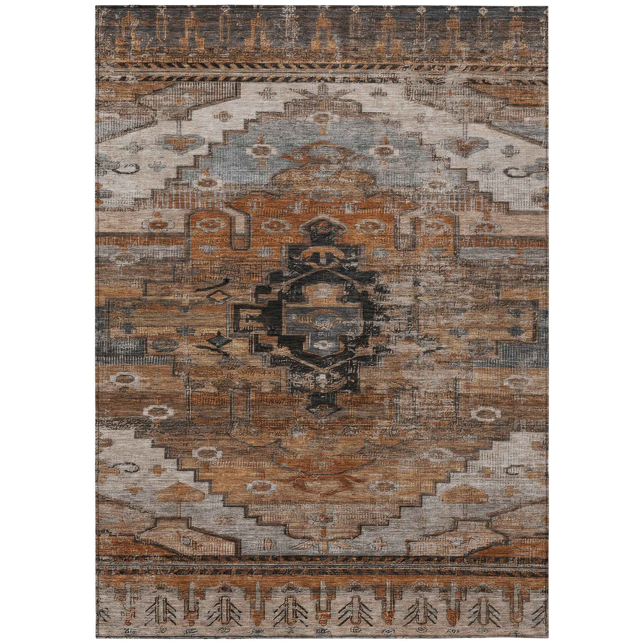 3' X 5' Terra Cotta Rust And Gray Tribal Washable Indoor Outdoor Area Rug