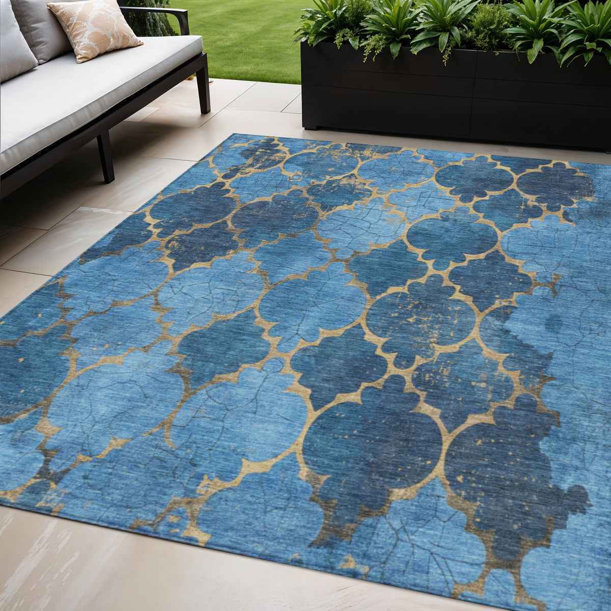 5' X 8' Blue And Gold Damask Washable Indoor Outdoor Area Rug