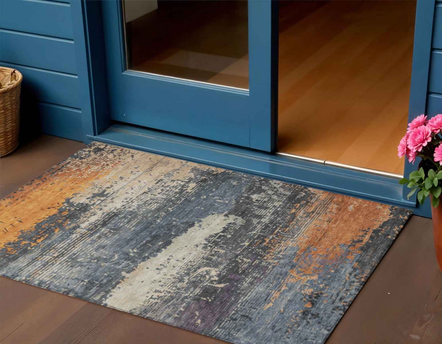 3' X 5' Blue Gray And Orange Abstract Washable Indoor Outdoor Area Rug