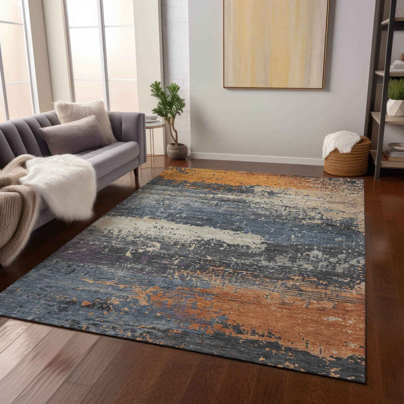 3' X 5' Blue Gray And Orange Abstract Washable Indoor Outdoor Area Rug