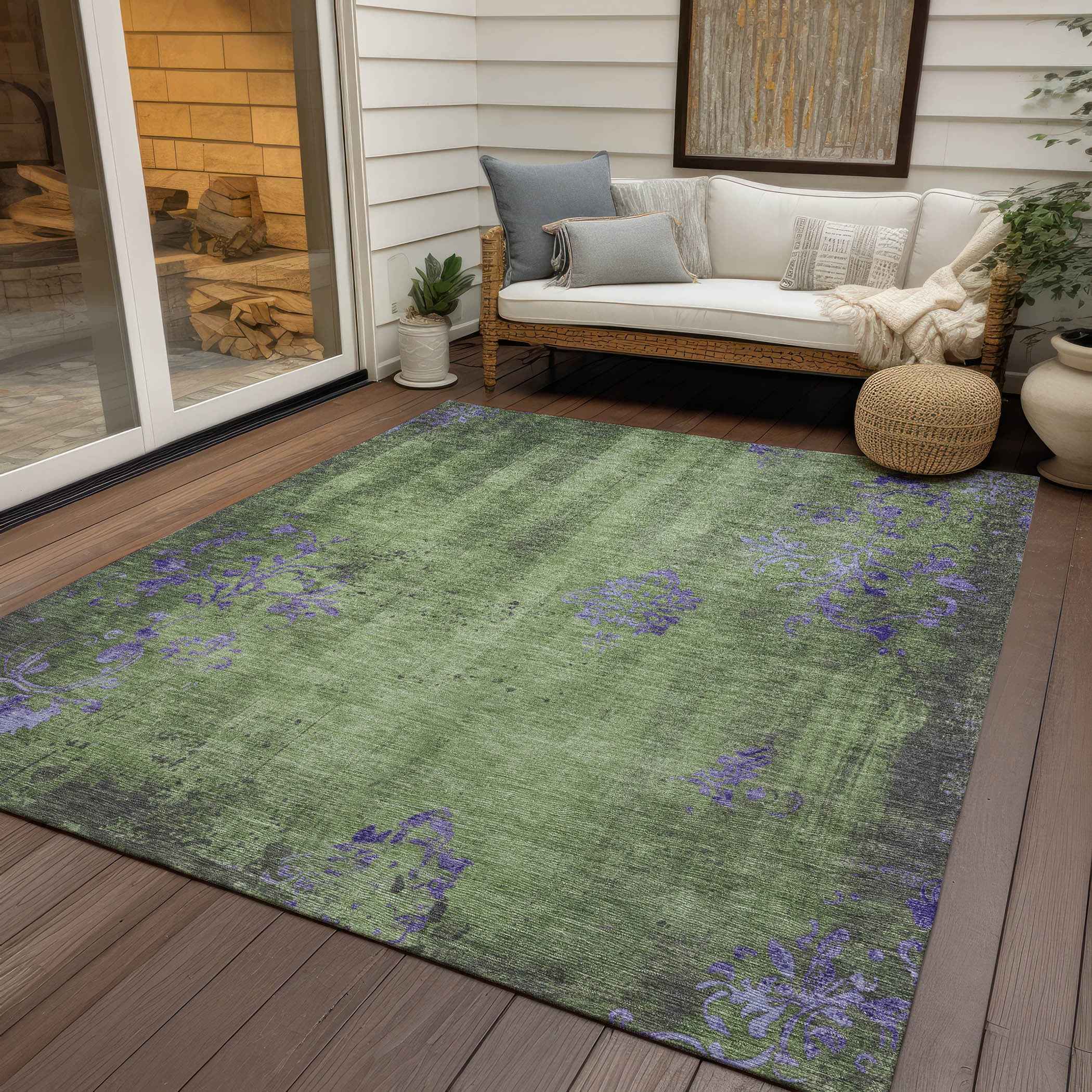 9' X 12' Artichoke Green And Purple Floral Washable Indoor Outdoor Area Rug
