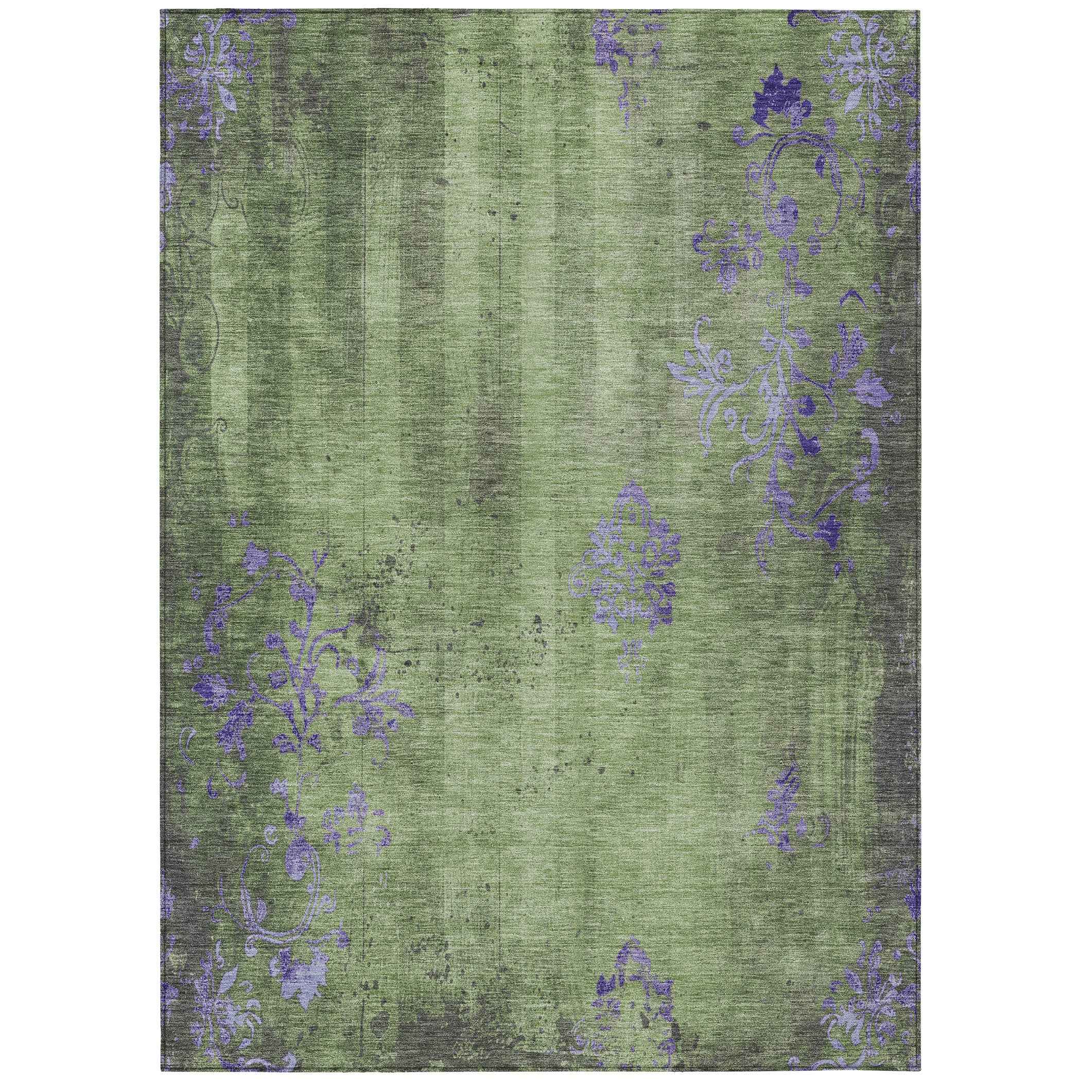 9' X 12' Artichoke Green And Purple Floral Washable Indoor Outdoor Area Rug