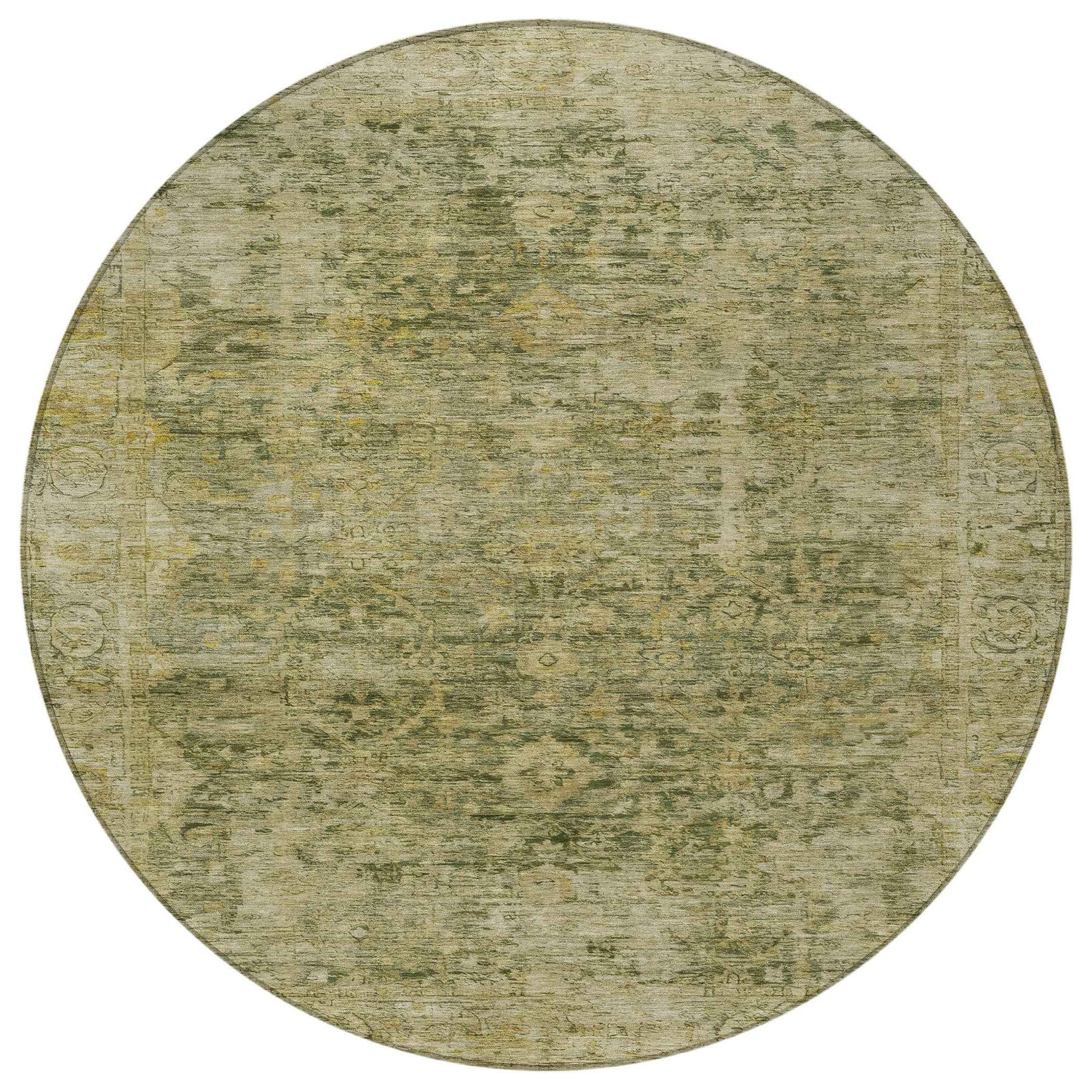 8' Green And Gold Round Abstract Washable Indoor Outdoor Area Rug