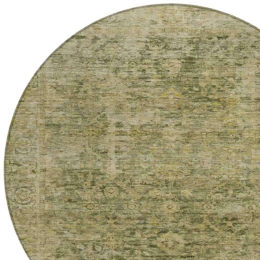 8' Green And Gold Round Abstract Washable Indoor Outdoor Area Rug