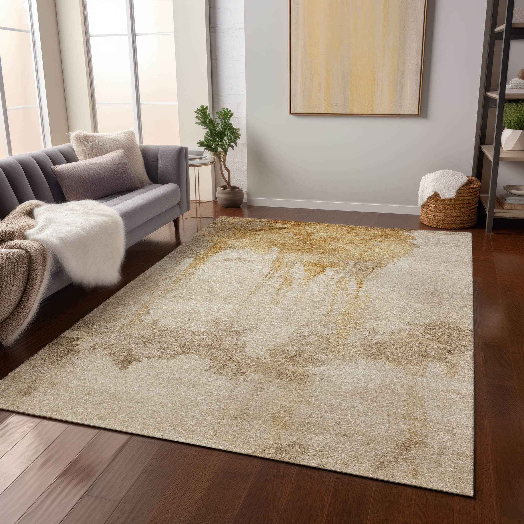 10' X 14' Gold And Beige Abstract Washable Indoor Outdoor Area Rug