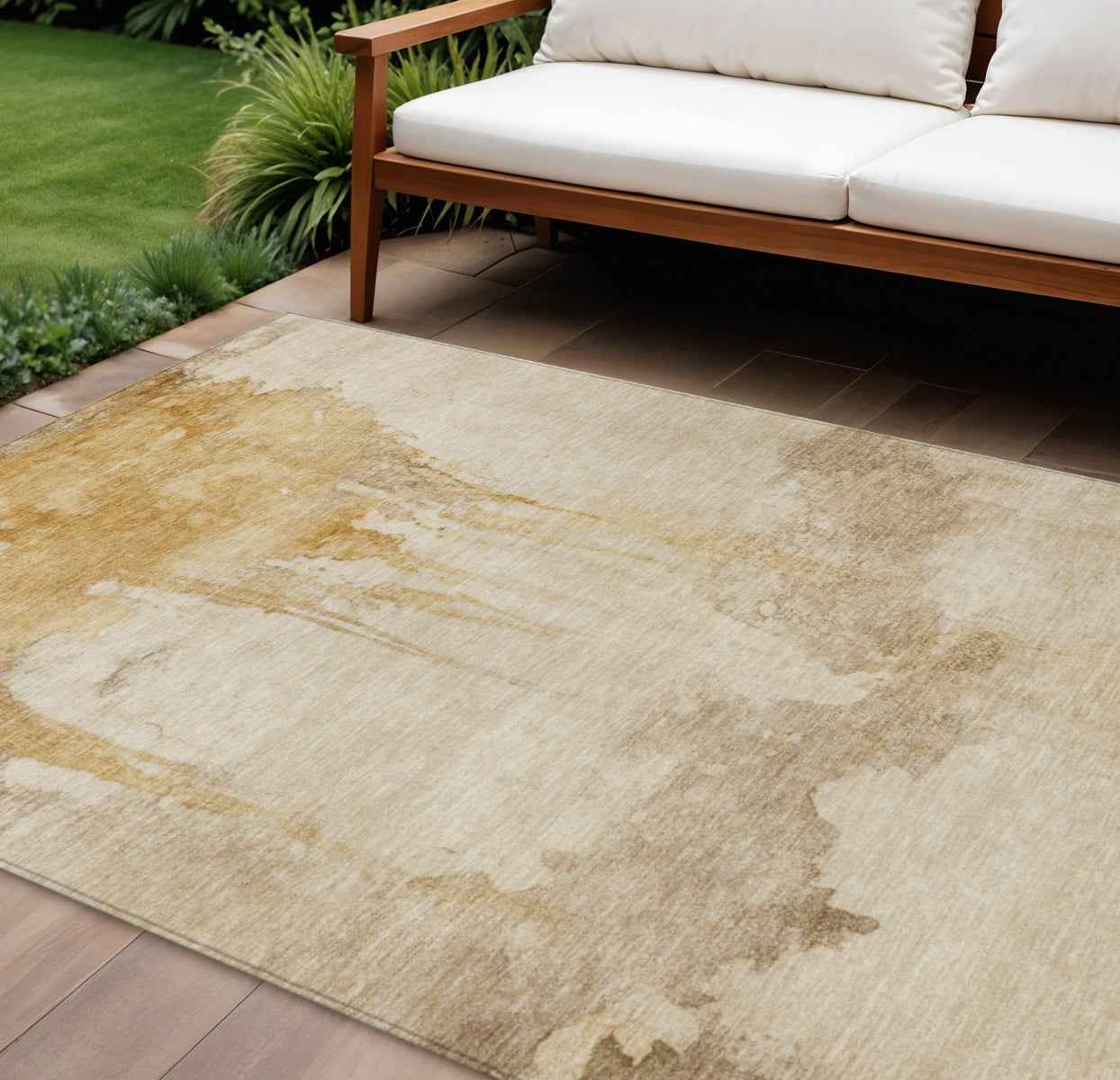10' X 14' Gold And Beige Abstract Washable Indoor Outdoor Area Rug