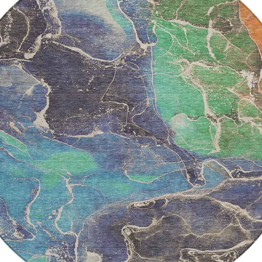 8' Blue Green And Orange Round Abstract Washable Indoor Outdoor Area Rug Default Title