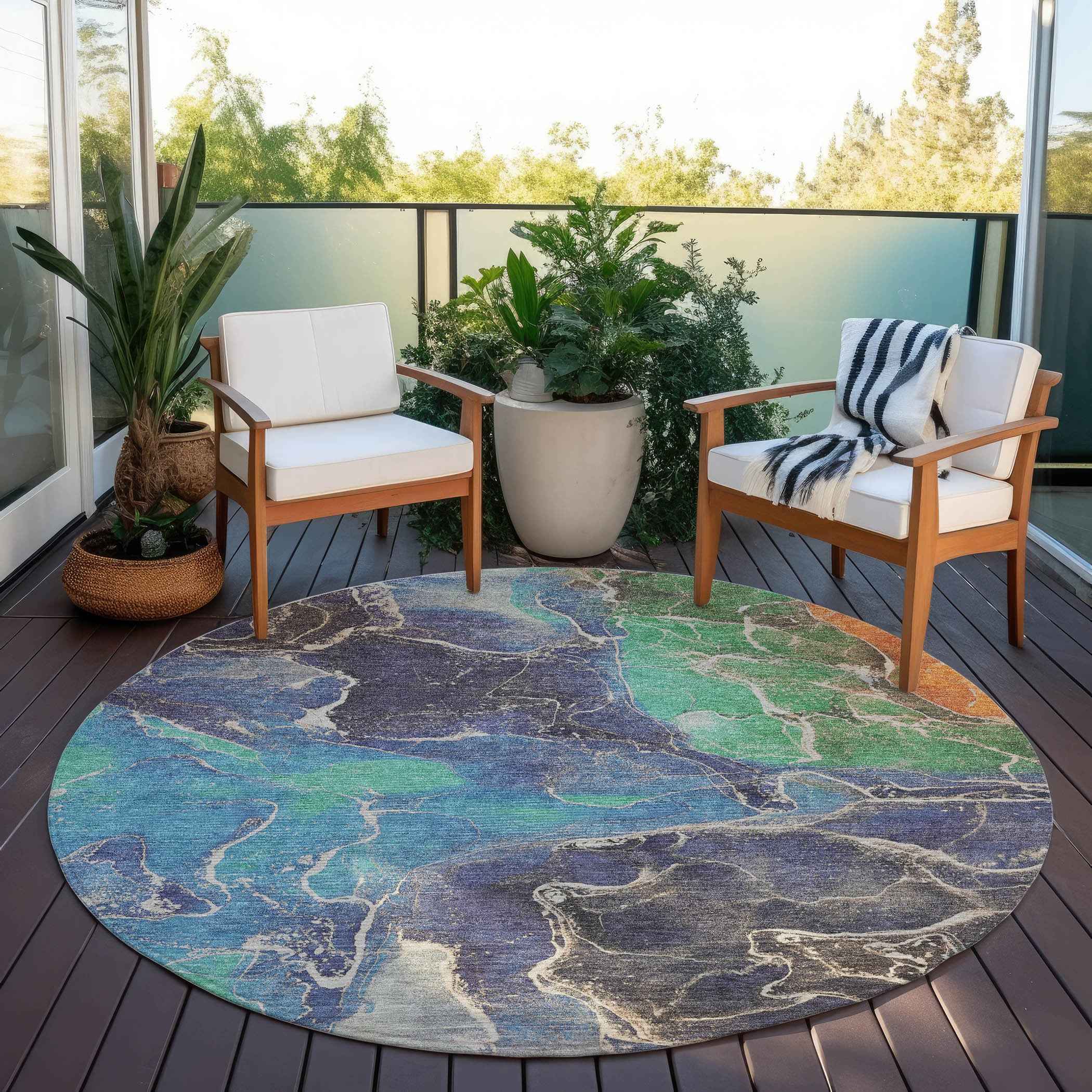 8' Blue Green And Orange Round Abstract Washable Indoor Outdoor Area Rug