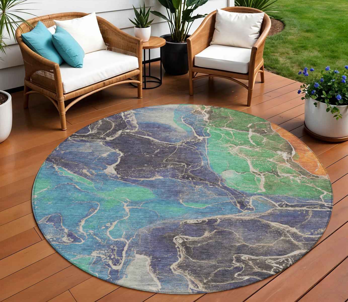 8' Blue Green And Orange Round Abstract Washable Indoor Outdoor Area Rug