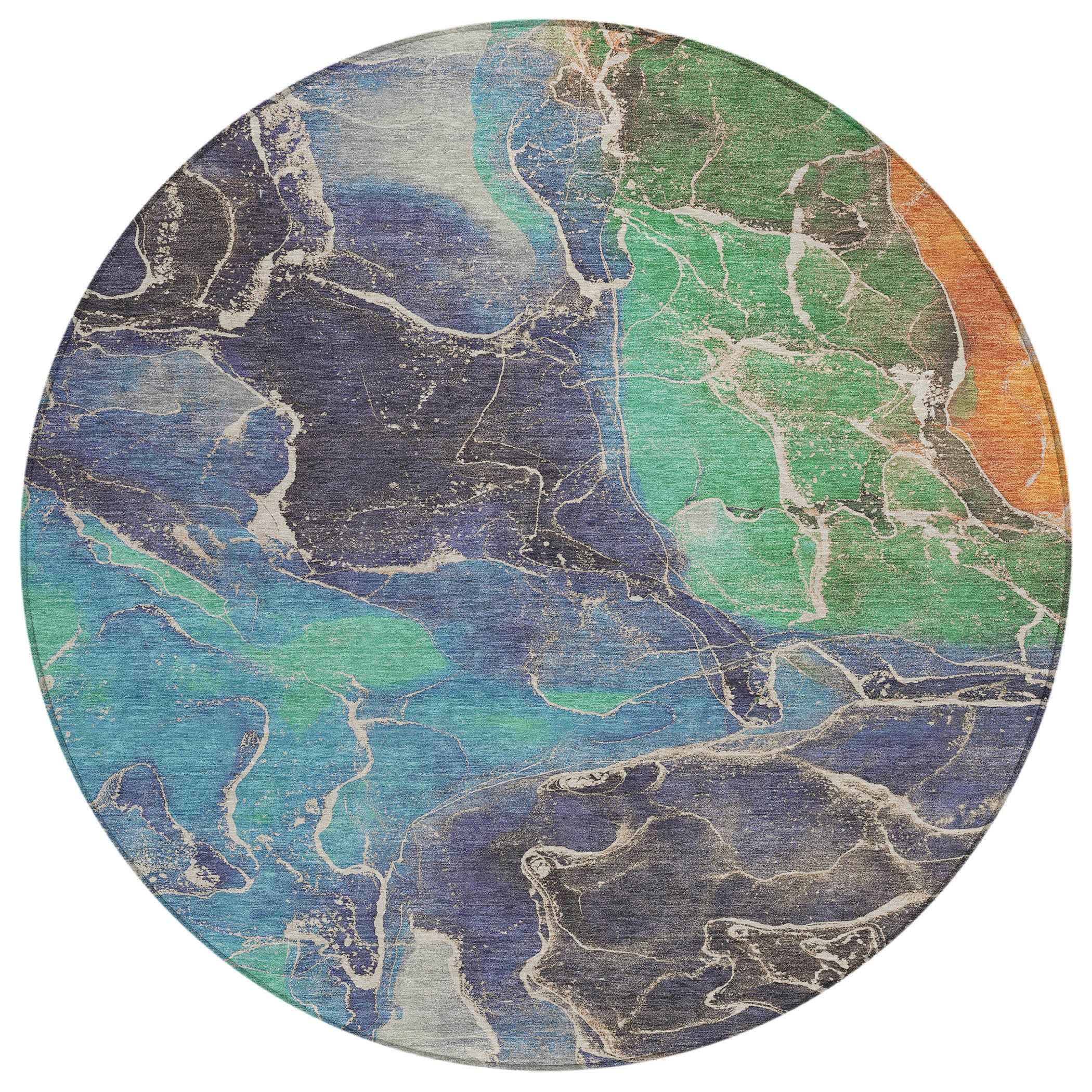8' Blue Green And Orange Round Abstract Washable Indoor Outdoor Area Rug