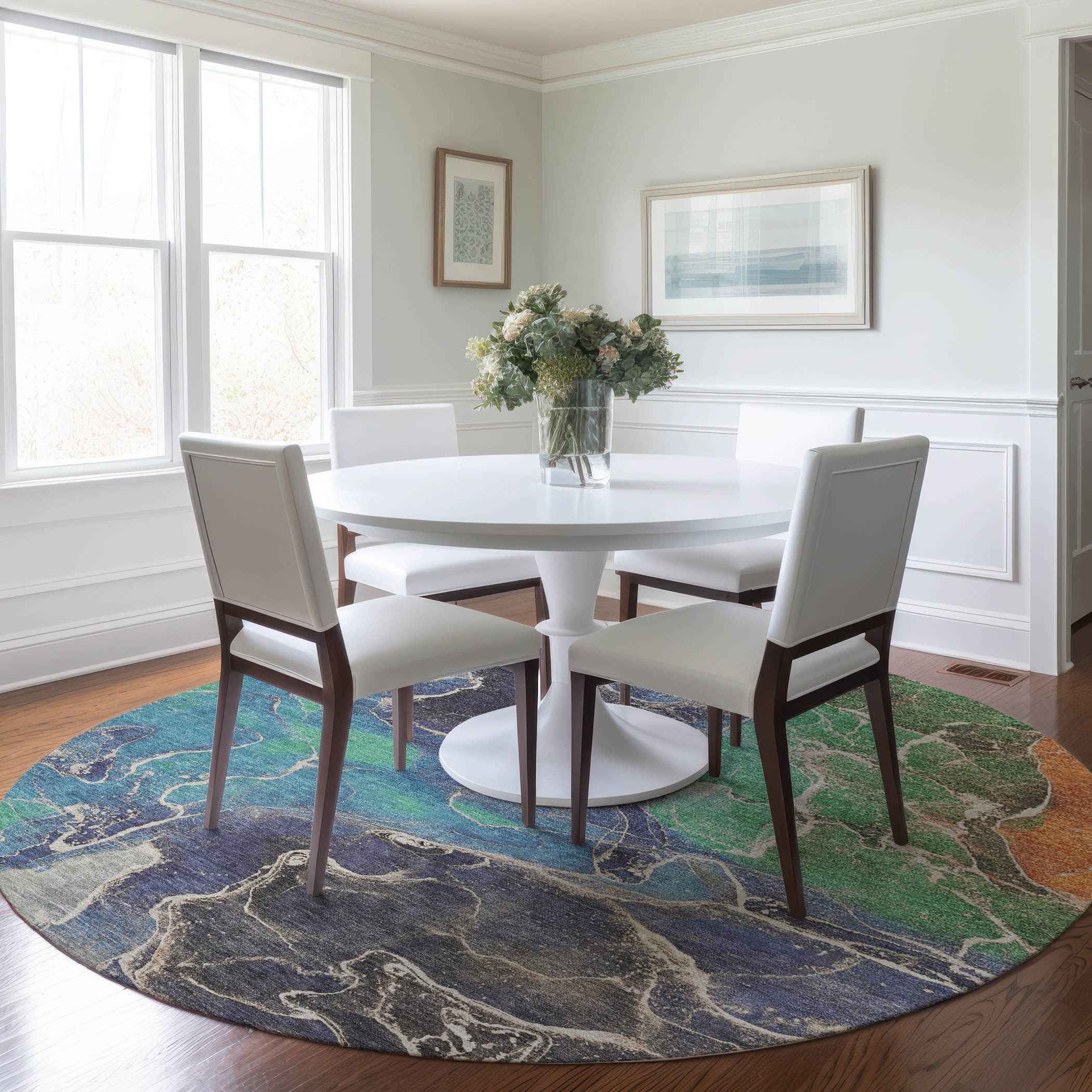 8' Blue Green And Orange Round Abstract Washable Indoor Outdoor Area Rug