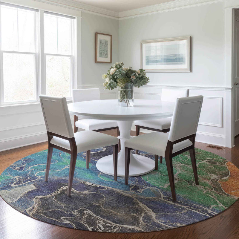 8' Blue Green And Orange Round Abstract Washable Indoor Outdoor Area Rug