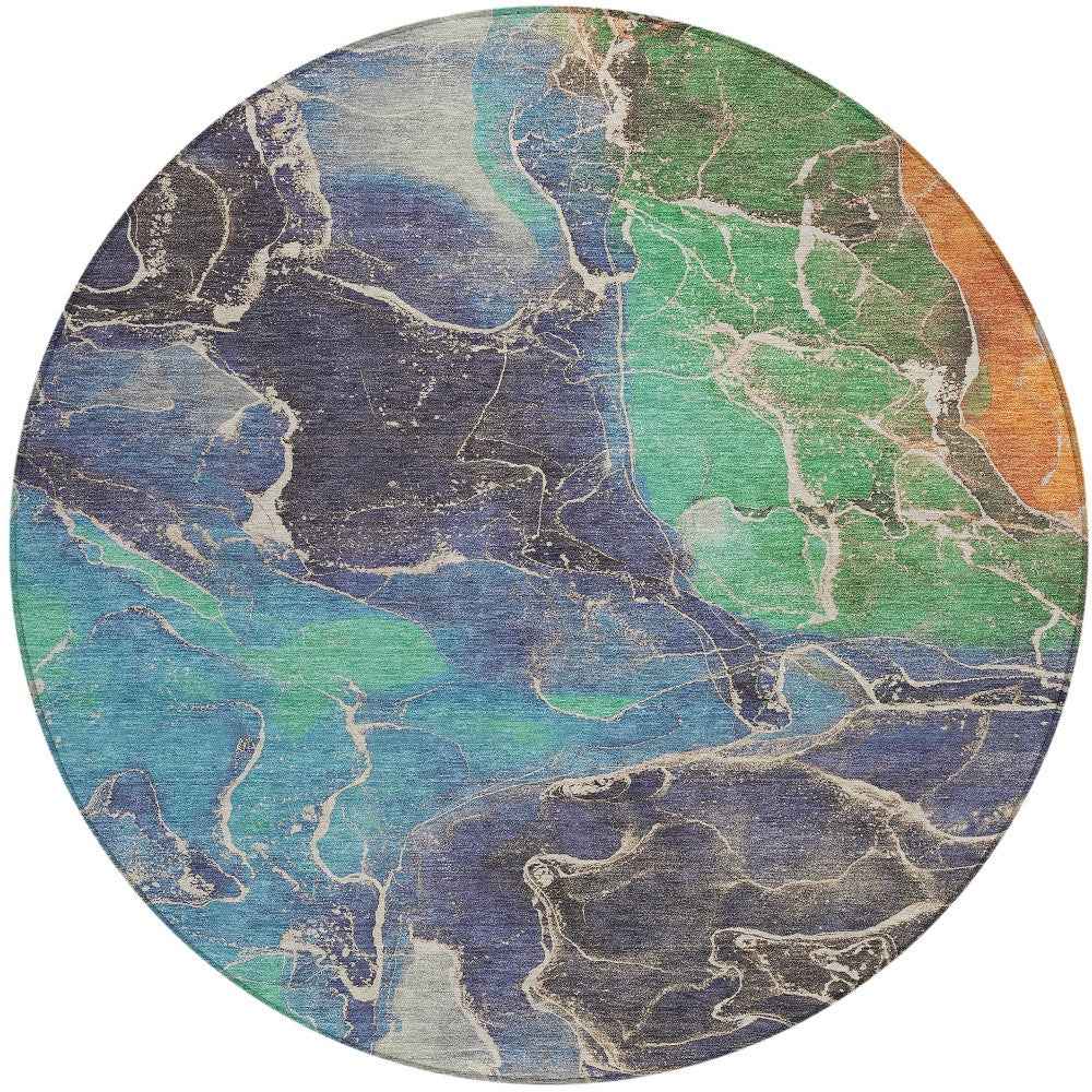 8' Blue Green And Orange Round Abstract Washable Indoor Outdoor Area Rug