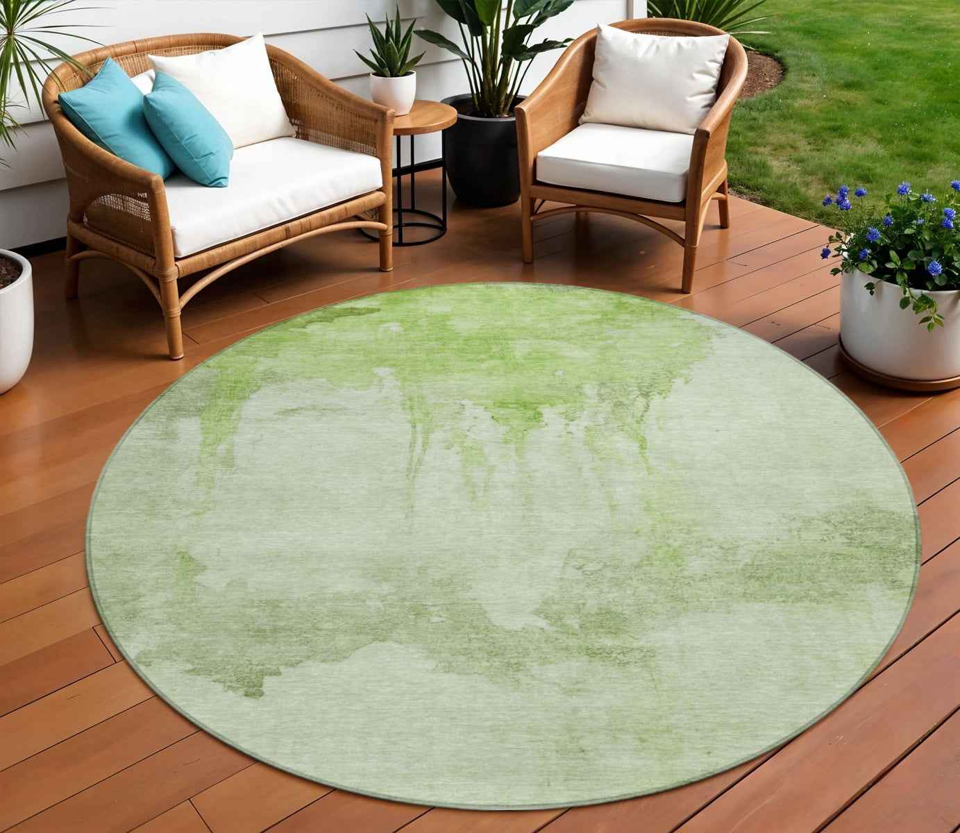 8' Artichoke Green And Ivory Round Abstract Washable Indoor Outdoor Area Rug