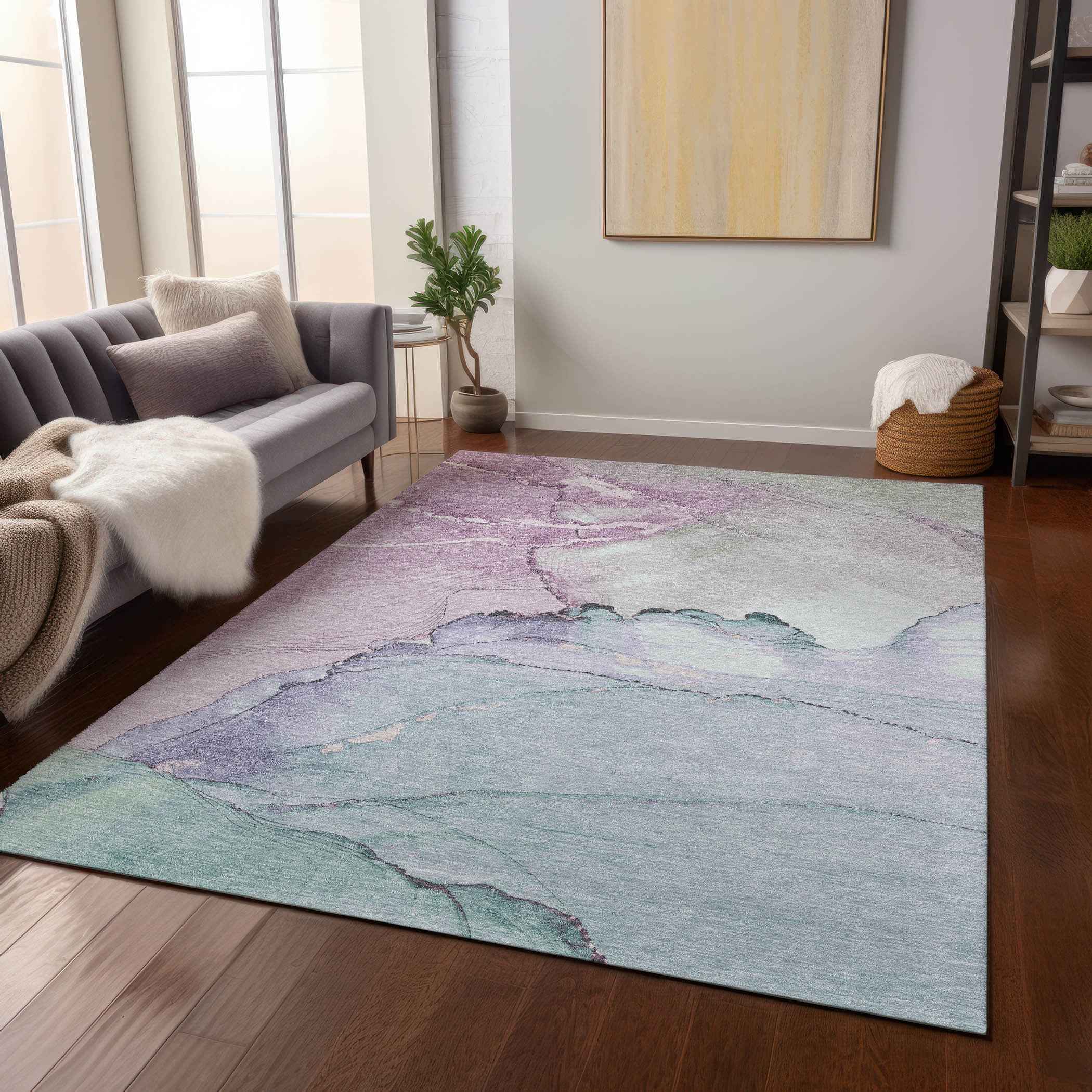 10' X 14' Pale Aqua And Lavender Abstract Washable Indoor Outdoor Area Rug