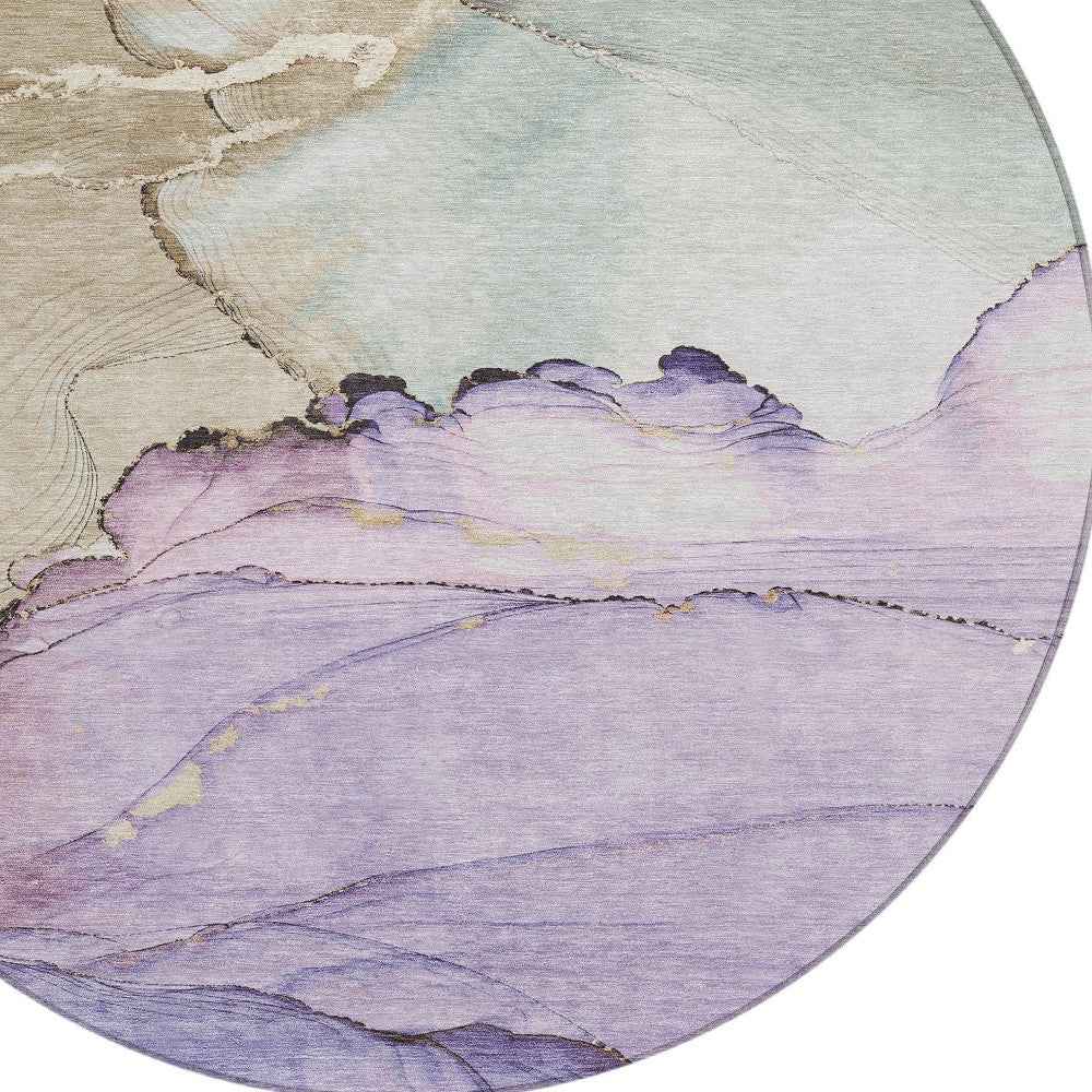 8' Lavender And Beige Round Abstract Washable Indoor Outdoor Area Rug