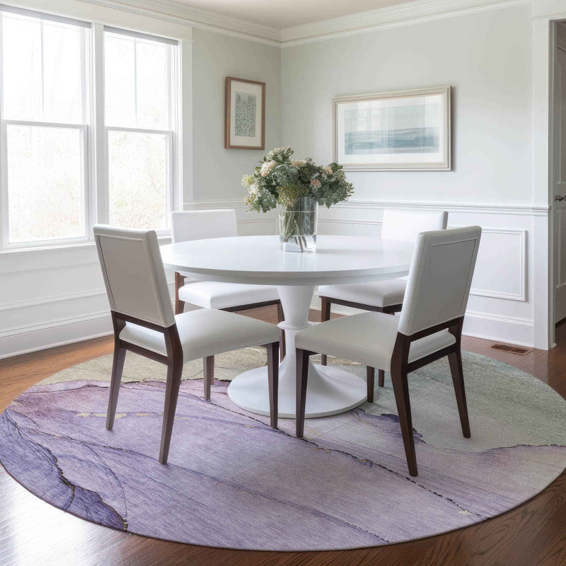 8' Lavender And Beige Round Abstract Washable Indoor Outdoor Area Rug