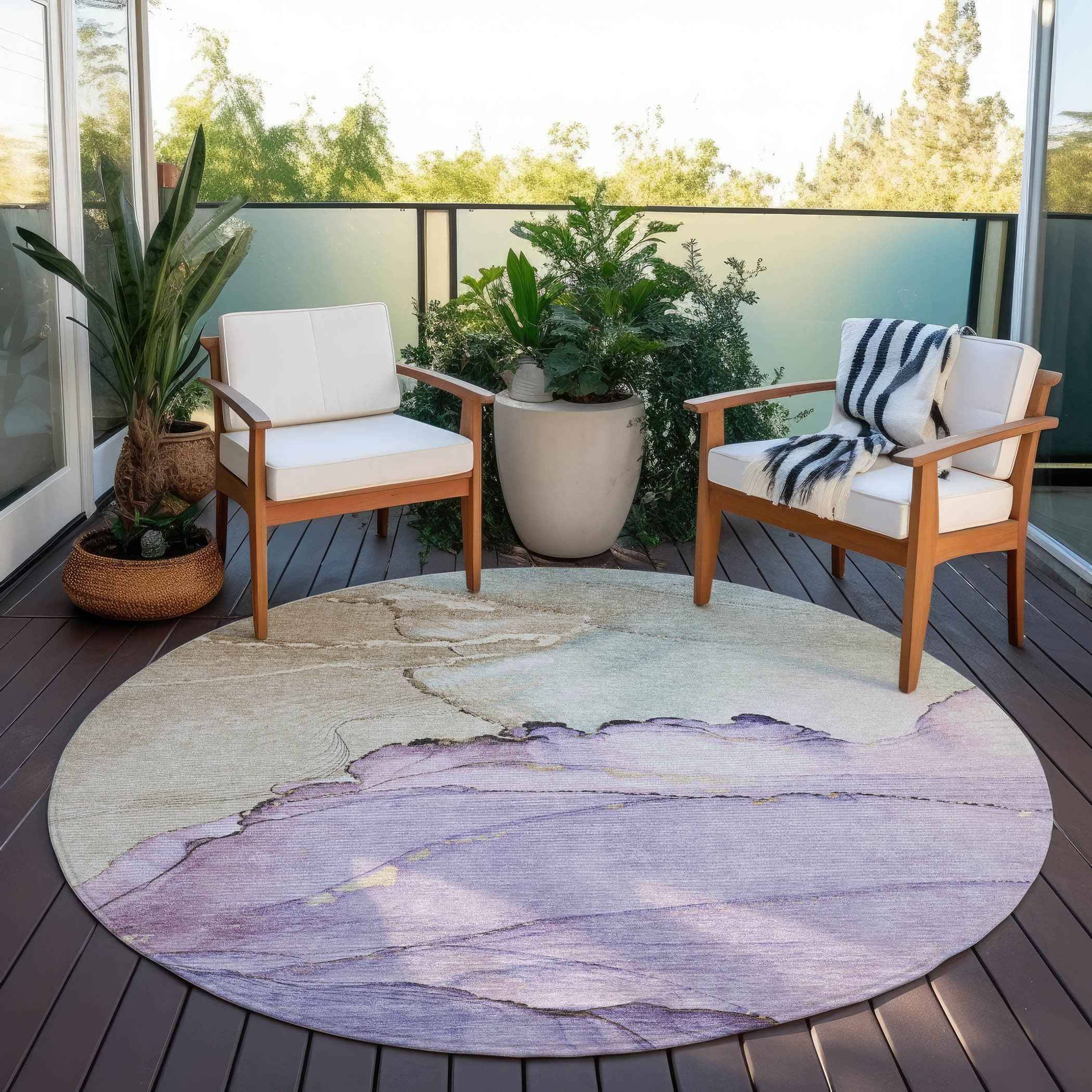 8' Lavender And Beige Round Abstract Washable Indoor Outdoor Area Rug