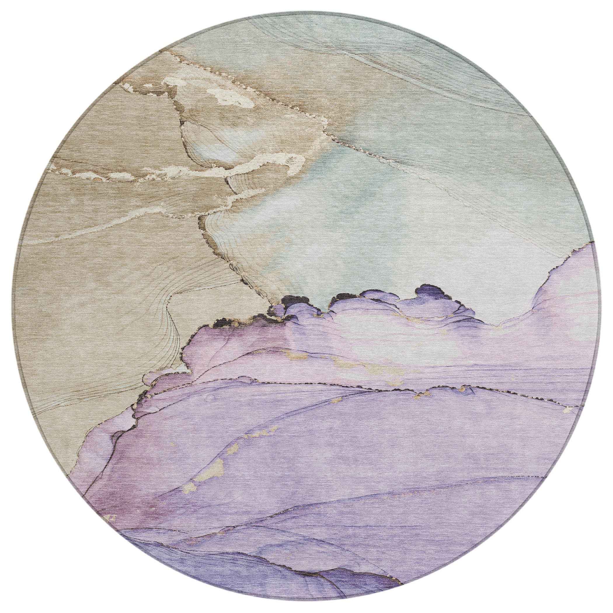8' Lavender And Beige Round Abstract Washable Indoor Outdoor Area Rug