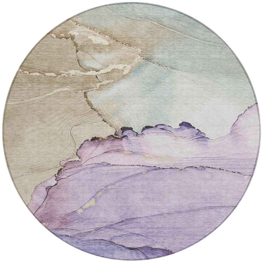 8' Lavender And Beige Round Abstract Washable Indoor Outdoor Area Rug