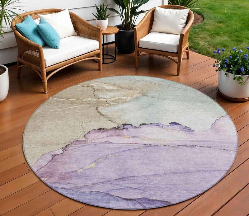 8' Lavender And Beige Round Abstract Washable Indoor Outdoor Area Rug