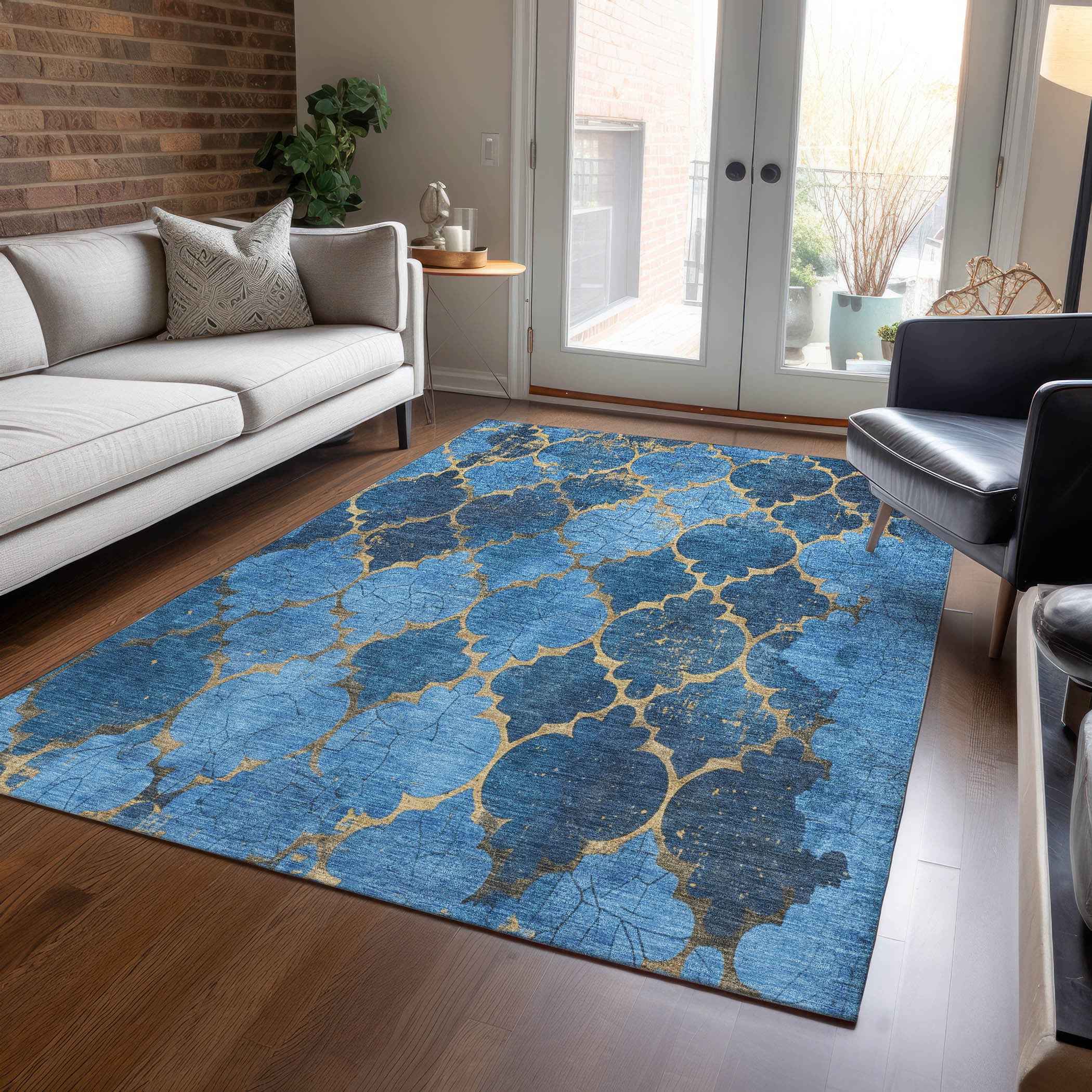3' X 5' Blue And Gold Damask Washable Indoor Outdoor Area Rug